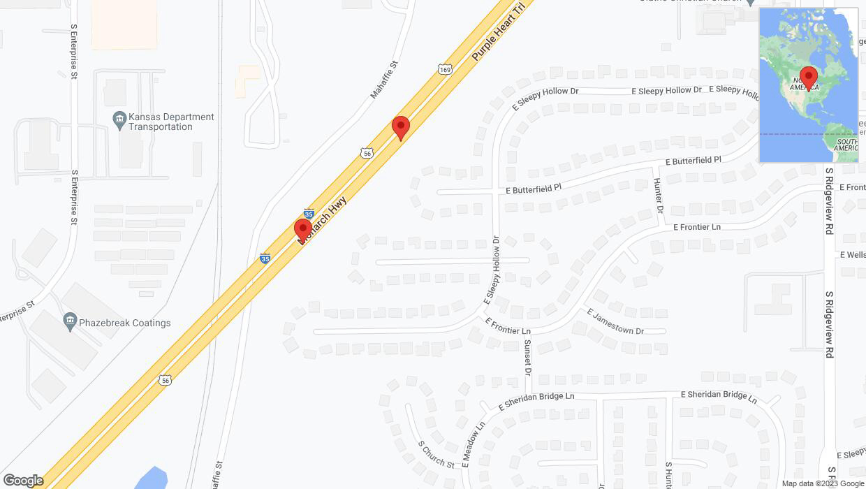 A detailed map that shows the affected road due to 'Broken down vehicle on eastbound I-35 in Olathe' on December 20th at 4:57 p.m.