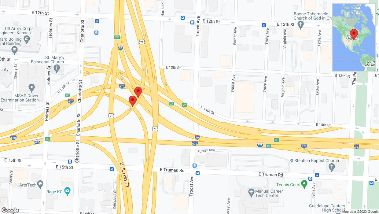 A detailed map that shows the affected road due to 'Broken down vehicle on the George Brett Super Highway in Kansas City' on December 20th at 6:32 p.m.