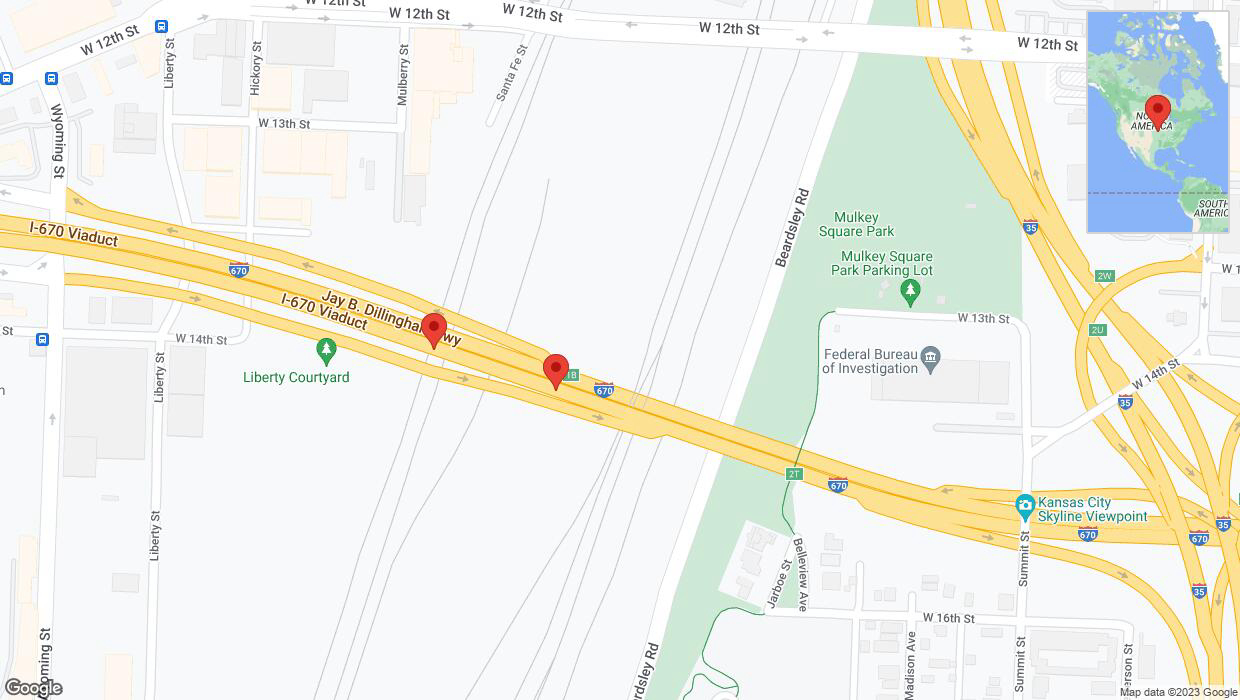 A detailed map that shows the affected road due to 'Broken down vehicle on eastbound I-670 in Kansas City' on December 21st at 3:16 p.m.