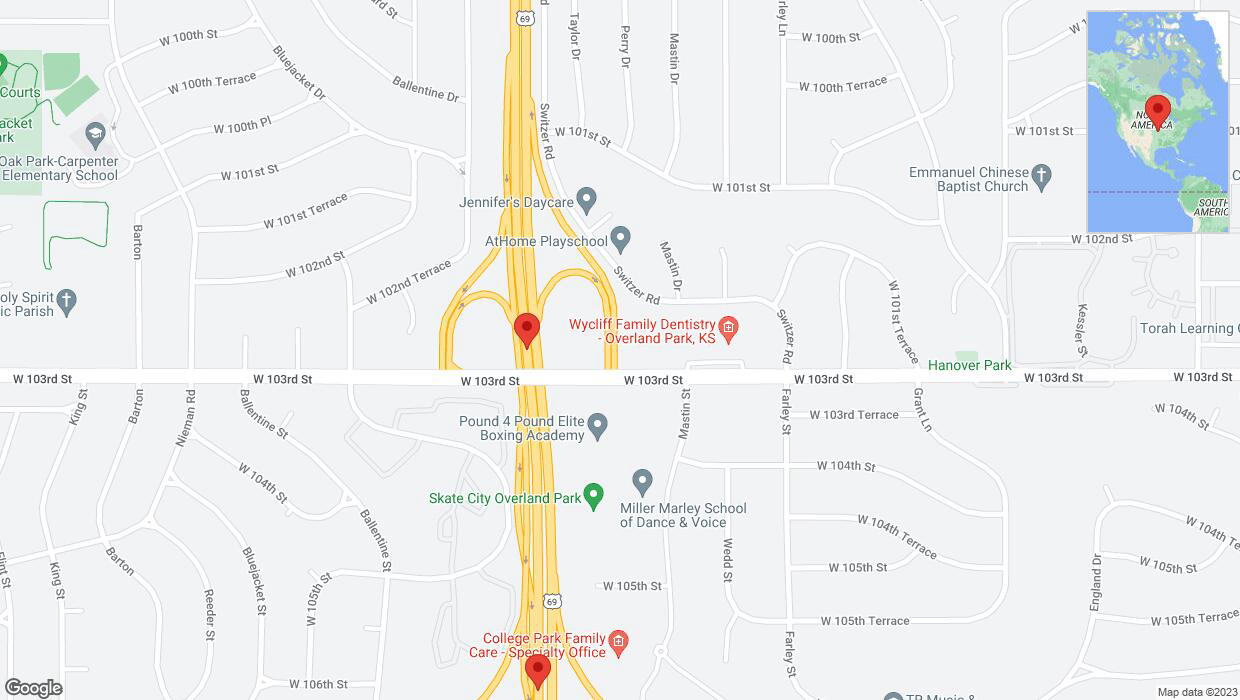 A detailed map that shows the affected road due to 'Lane on US-69 closed in Overland Park' on December 21st at 1:34 p.m.