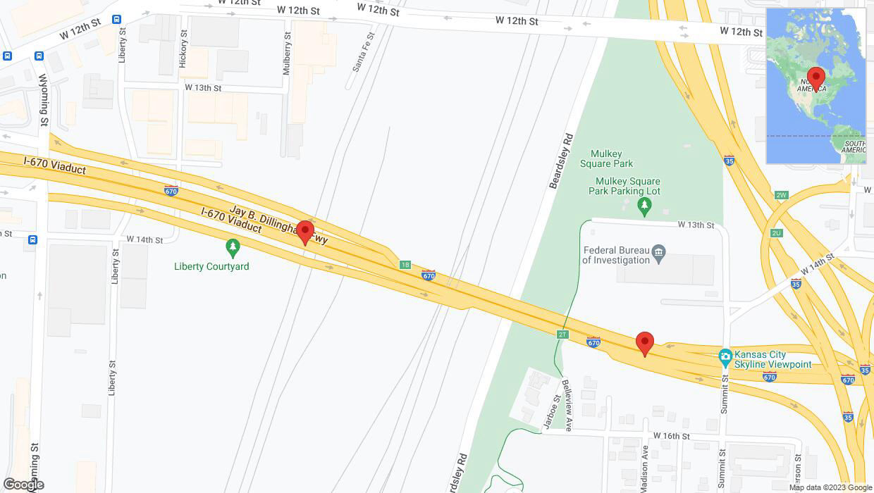 A detailed map that shows the affected road due to 'Broken down vehicle on eastbound I-670 in Kansas City' on December 21st at 3:34 p.m.