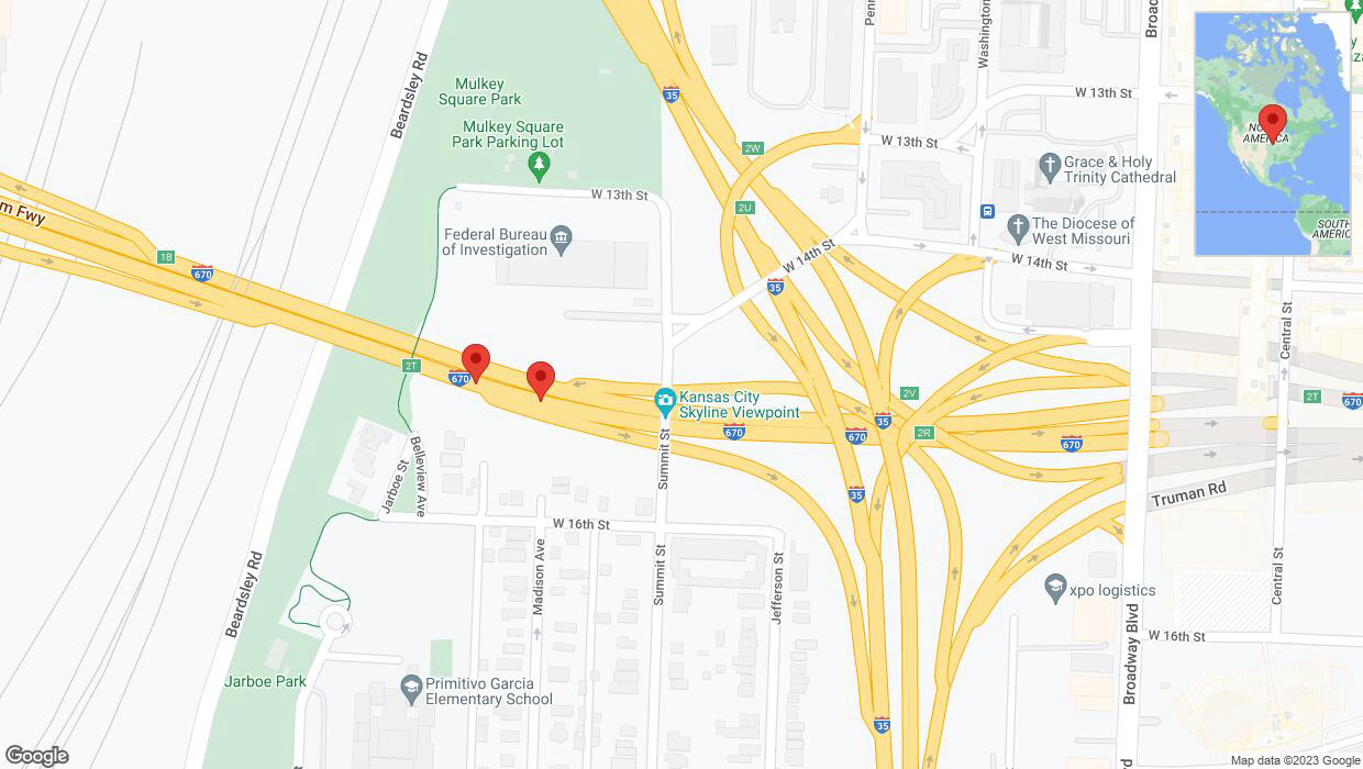 A detailed map that shows the affected road due to 'Broken down vehicle on eastbound I-670 in Kansas City' on December 21st at 3:39 p.m.