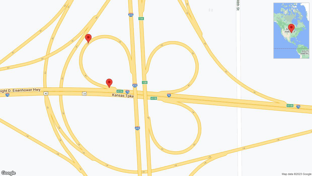A detailed map that shows the affected road due to 'Broken down vehicle on the Kansas Turnpike in Kansas City' on December 21st at 5:06 p.m.
