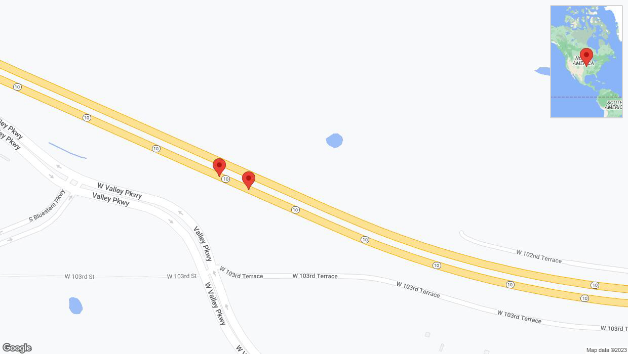 A detailed map that shows the affected road due to 'Broken down vehicle on eastbound K-10 in Lenexa' on December 21st at 5:49 p.m.