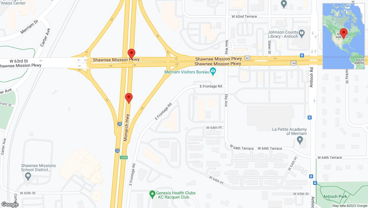 A detailed map that shows the affected road due to 'Broken down vehicle on northbound I-35 in Merriam' on December 22nd at 2:53 p.m.