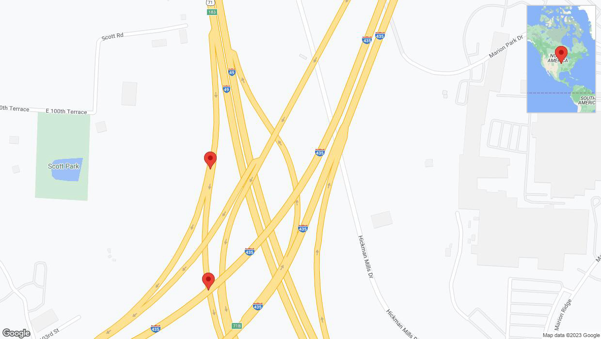 A detailed map that shows the affected road due to 'Broken down vehicle on the U. S. Highway 71 in Kansas City' on December 22nd at 3:24 p.m.