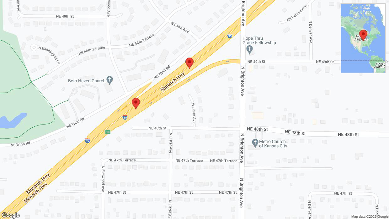 A detailed map that shows the affected road due to 'Broken down vehicle on northbound I-35 in Kansas City' on December 22nd at 9:23 p.m.