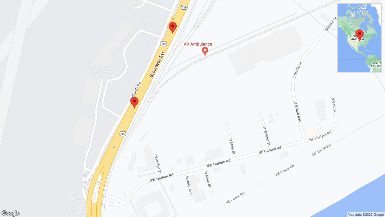 A detailed map that shows the affected road due to 'Broken down vehicle on northbound US-169 North in Kansas City' on December 23rd at 2:22 p.m.