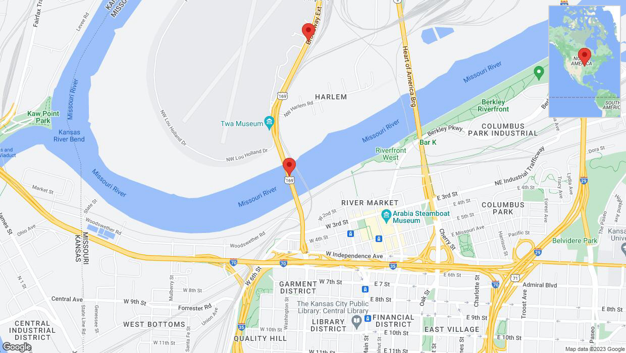 A detailed map that shows the affected road due to 'Warning: Crash on northbound US-169 North in Kansas City' on December 24th at 1:40 p.m.