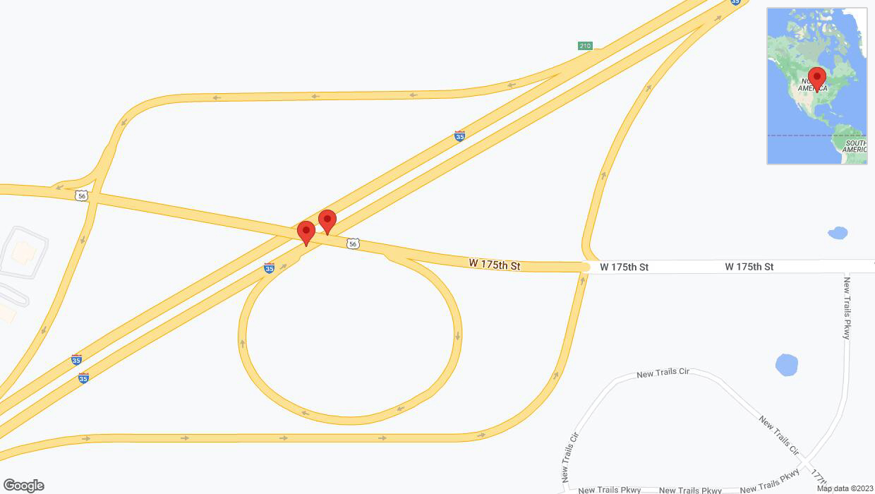 A detailed map that shows the affected road due to 'Warning: Crash on eastbound I-35 in Gardner' on December 24th at 2:03 p.m.