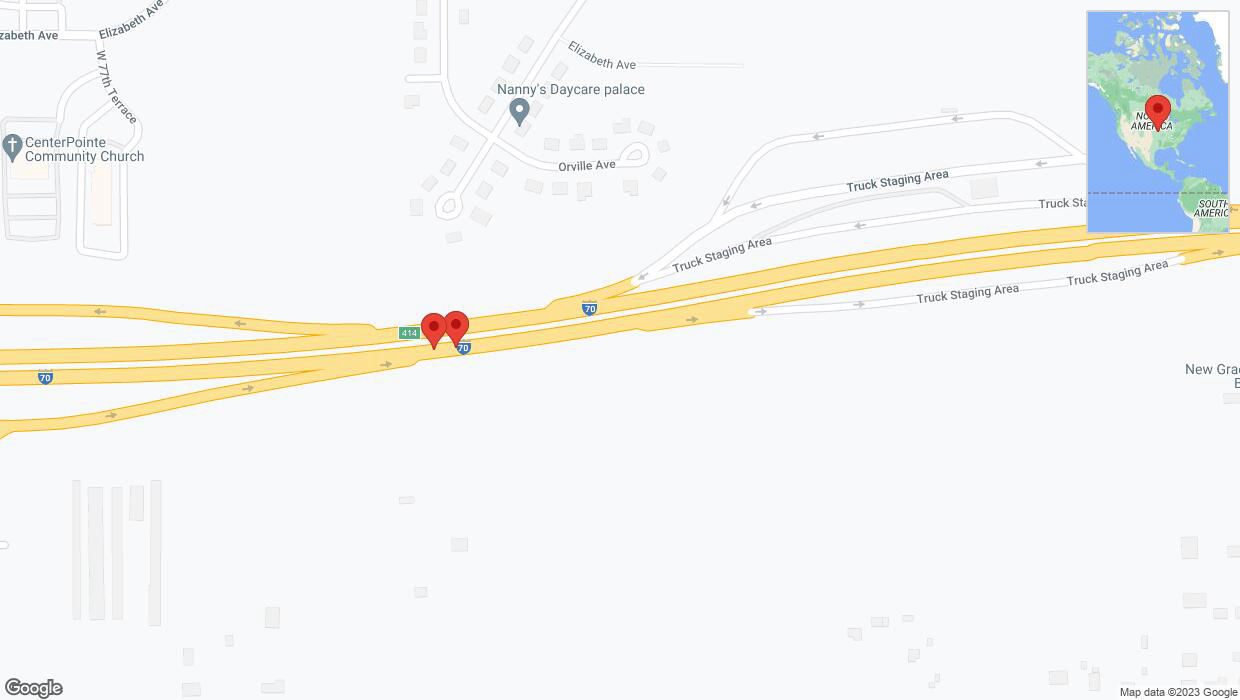 A detailed map that shows the affected road due to 'Broken down vehicle on eastbound I-70 in Kansas City' on December 24th at 6:14 p.m.