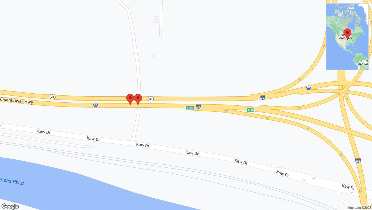 A detailed map that shows the affected road due to 'Broken down vehicle on eastbound I-70 in Kansas City' on December 24th at 4:54 p.m.
