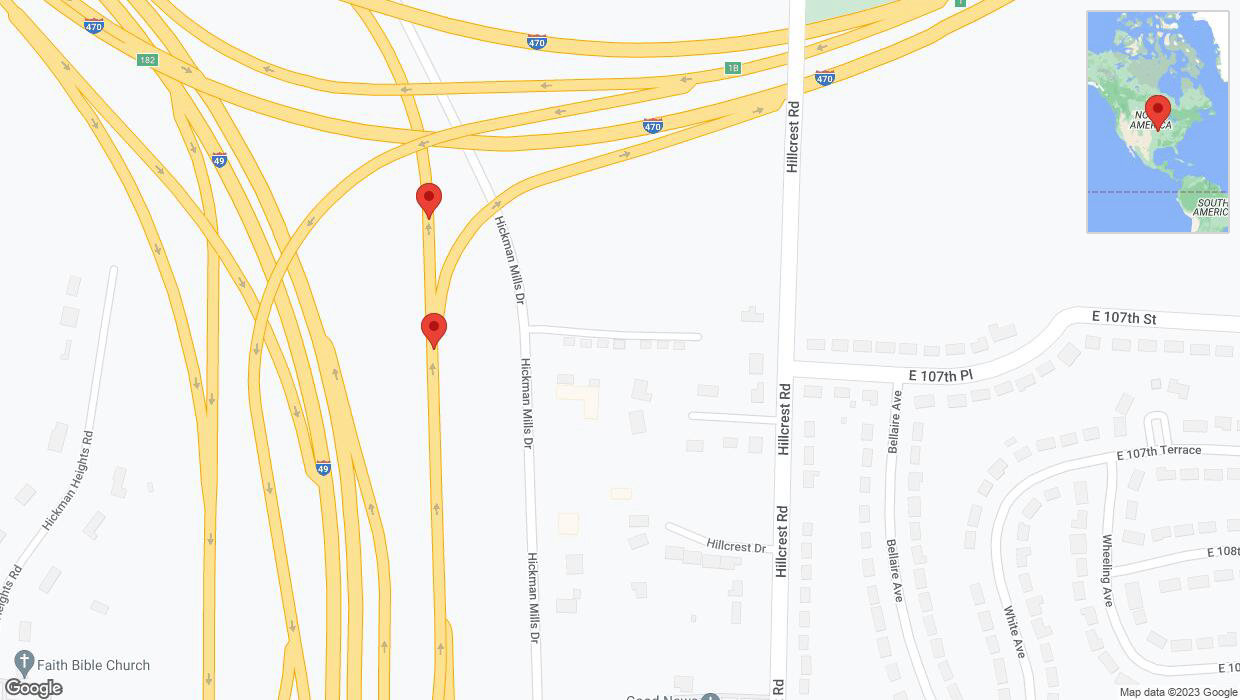 A detailed map that shows the affected road due to 'Broken down vehicle on Hickman Mills Drive in Kansas City' on December 24th at 8:01 p.m.