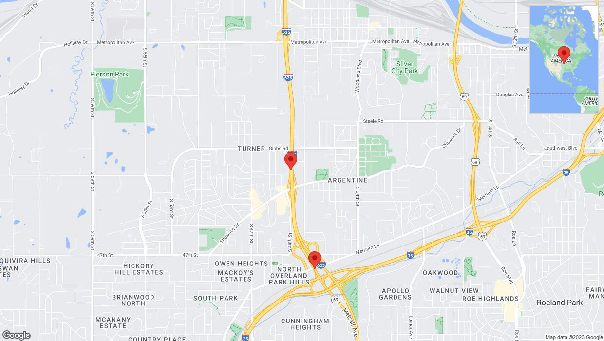 A detailed map that shows the affected road due to 'Incident on southbound I-635 in Kansas City' on December 24th at 11:54 p.m.