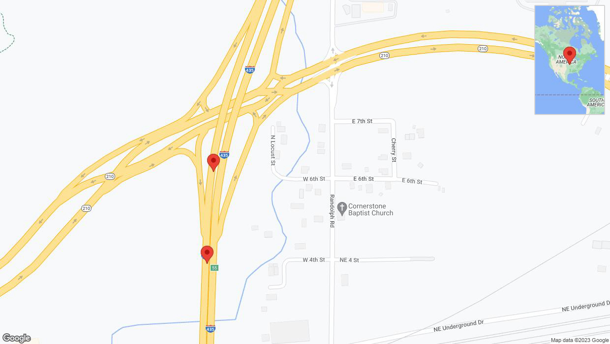 A detailed map that shows the affected road due to 'Broken down vehicle on southbound I-435 in Randolph' on December 25th at 5:12 p.m.