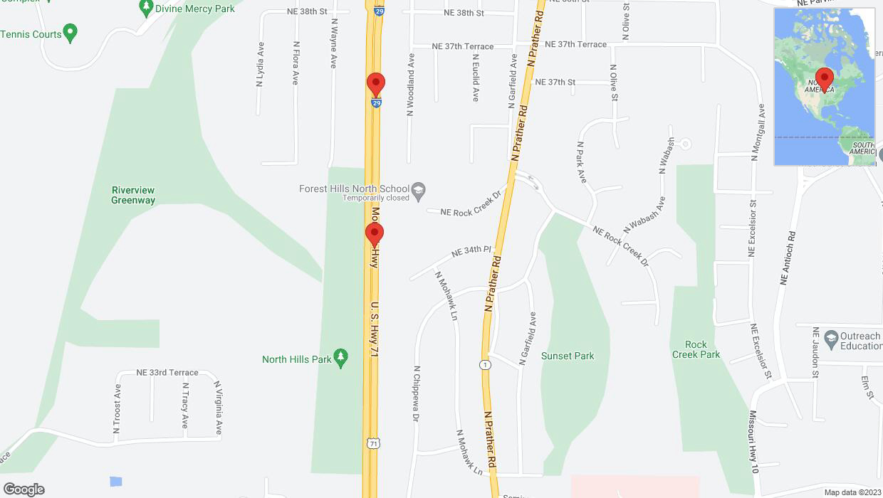 A detailed map that shows the affected road due to 'Broken down vehicle on northbound I-29/I-35 in Kansas City' on December 25th at 6:05 p.m.