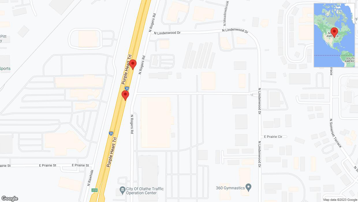 A detailed map that shows the affected road due to 'Broken down vehicle on eastbound I-35 in Olathe' on December 25th at 9:25 p.m.