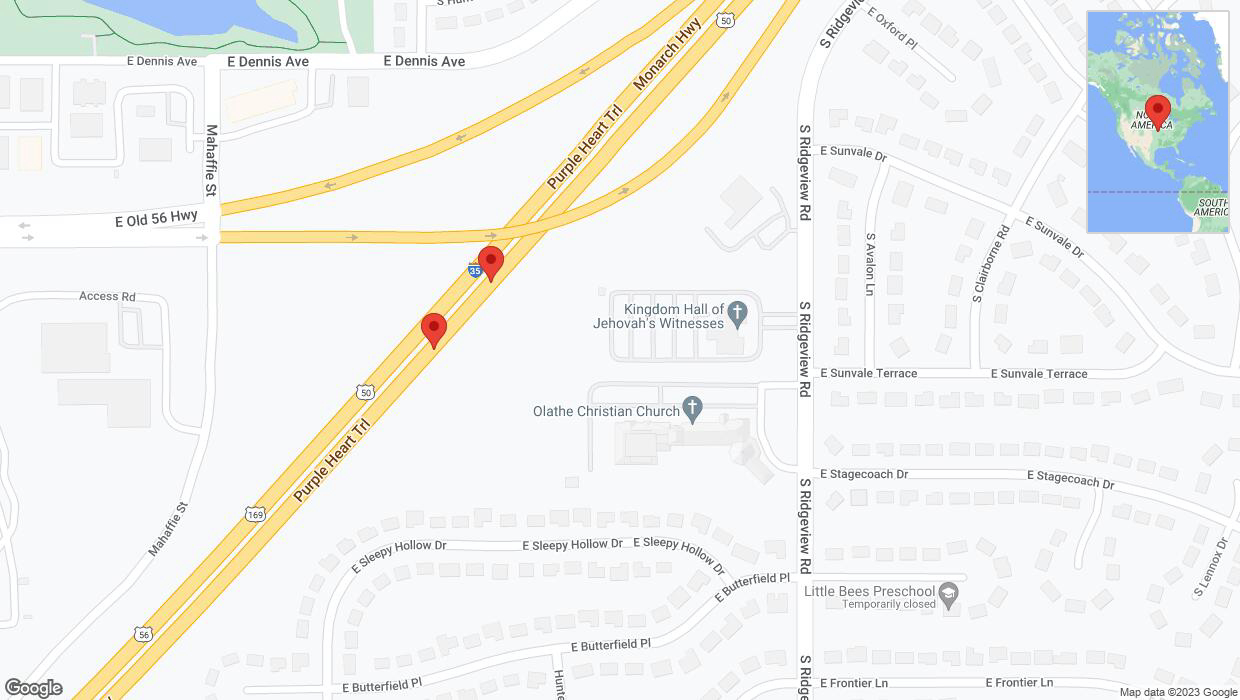 A detailed map that shows the affected road due to 'Broken down vehicle on eastbound I-35 in Olathe' on December 25th at 8:47 p.m.