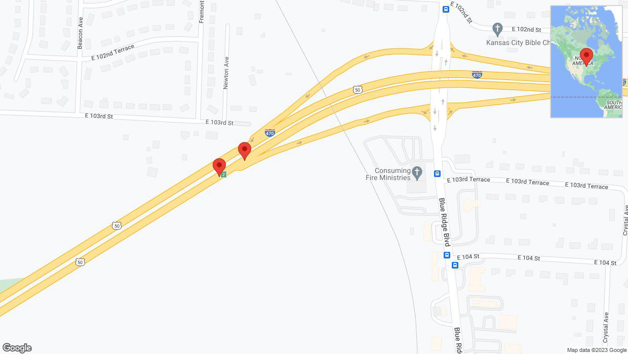 A detailed map that shows the affected road due to 'Broken down vehicle on eastbound I-470 in Kansas City' on December 25th at 10:08 p.m.