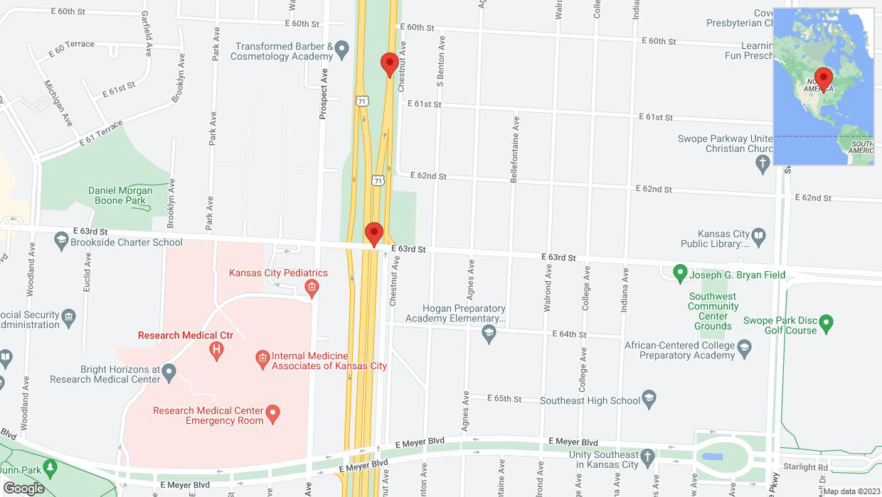 A detailed map that shows the affected road due to 'Broken down vehicle on northbound the Bruce R Watkins Expressway/US-71 in Kansas City' on December 27th at 11:15 p.m.