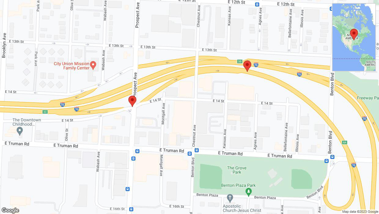 A detailed map that shows the affected road due to 'Kansas City: Prospect Avenue temporarily closed' on December 28th at 6:50 p.m.