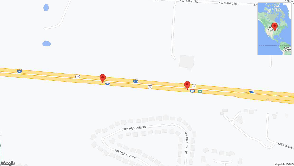 A detailed map that shows the affected road due to 'Broken down vehicle on eastbound I-470 in Lee's Summit' on December 28th at 2:53 p.m.