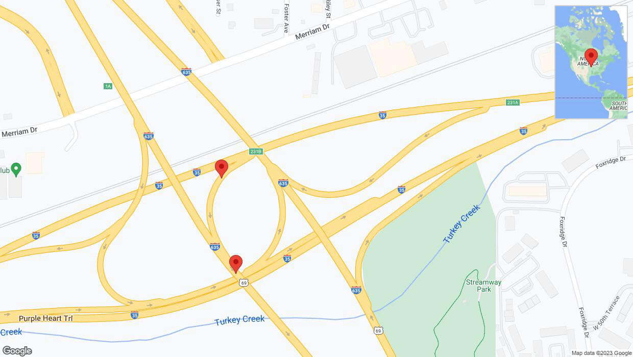 A detailed map that shows the affected road due to 'Broken down vehicle on southbound US-69 South in Overland Park' on December 28th at 4:50 p.m.