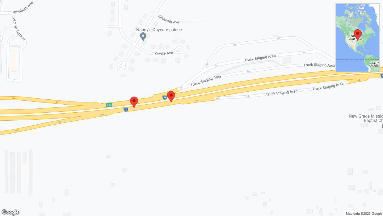 A detailed map that shows the affected road due to 'Broken down vehicle on eastbound I-70 in Kansas City' on December 28th at 5:52 p.m.