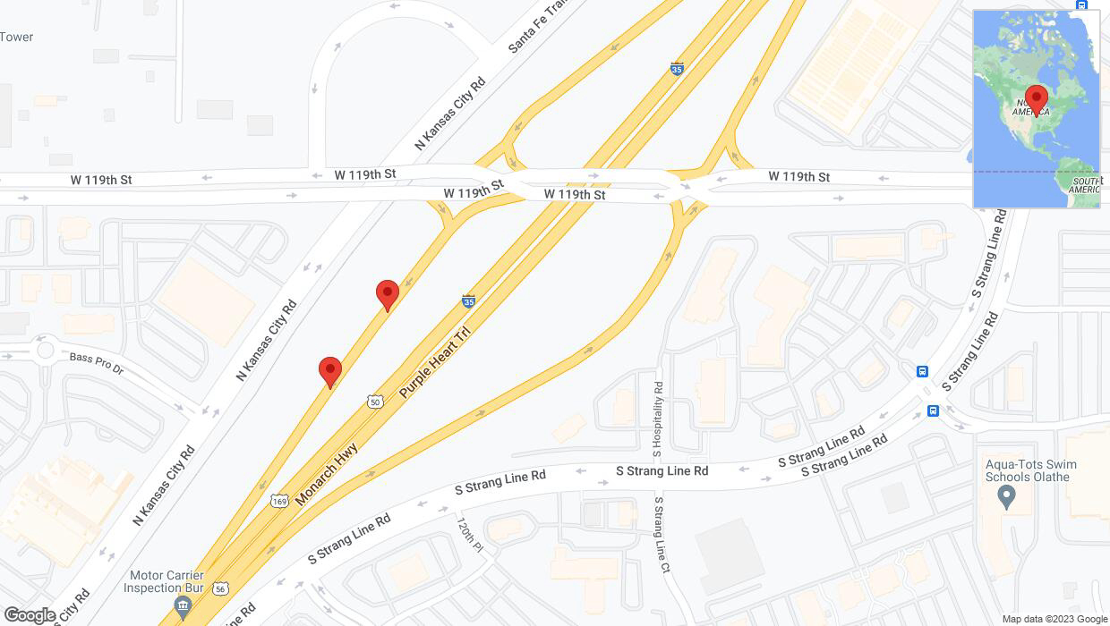 A detailed map that shows the affected road due to 'Broken down vehicle on North Kansas City Road in Olathe' on December 29th at 2:39 p.m.