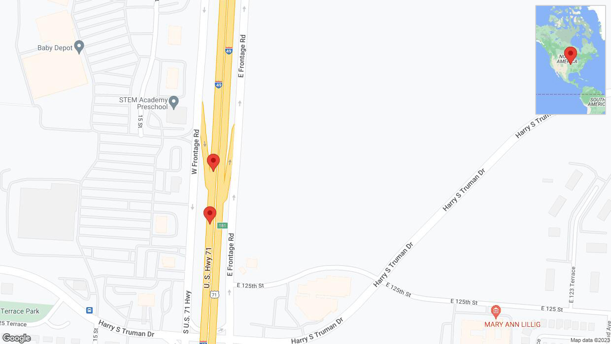 A detailed map that shows the affected road due to 'Broken down vehicle on southbound I-40/US-71 in Grandview' on December 29th at 4:41 p.m.