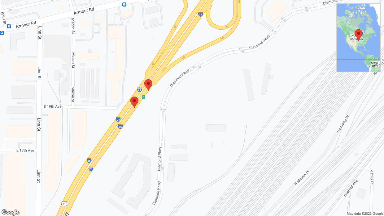 A detailed map that shows the affected road due to 'Broken down vehicle on northbound I-29/I-35 in North Kansas City' on December 29th at 4:47 p.m.