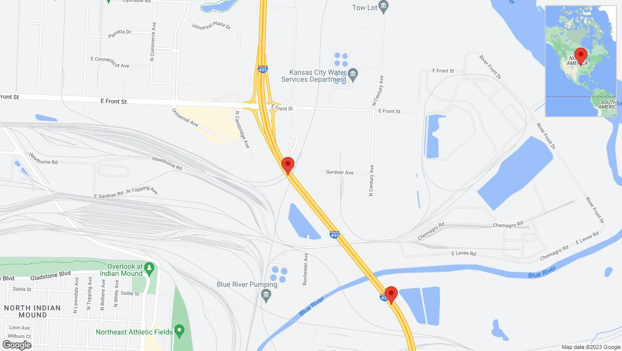A detailed map that shows the affected road due to 'Crash reported on southbound I-435 in Kansas City' on December 30th at 12:43 p.m.