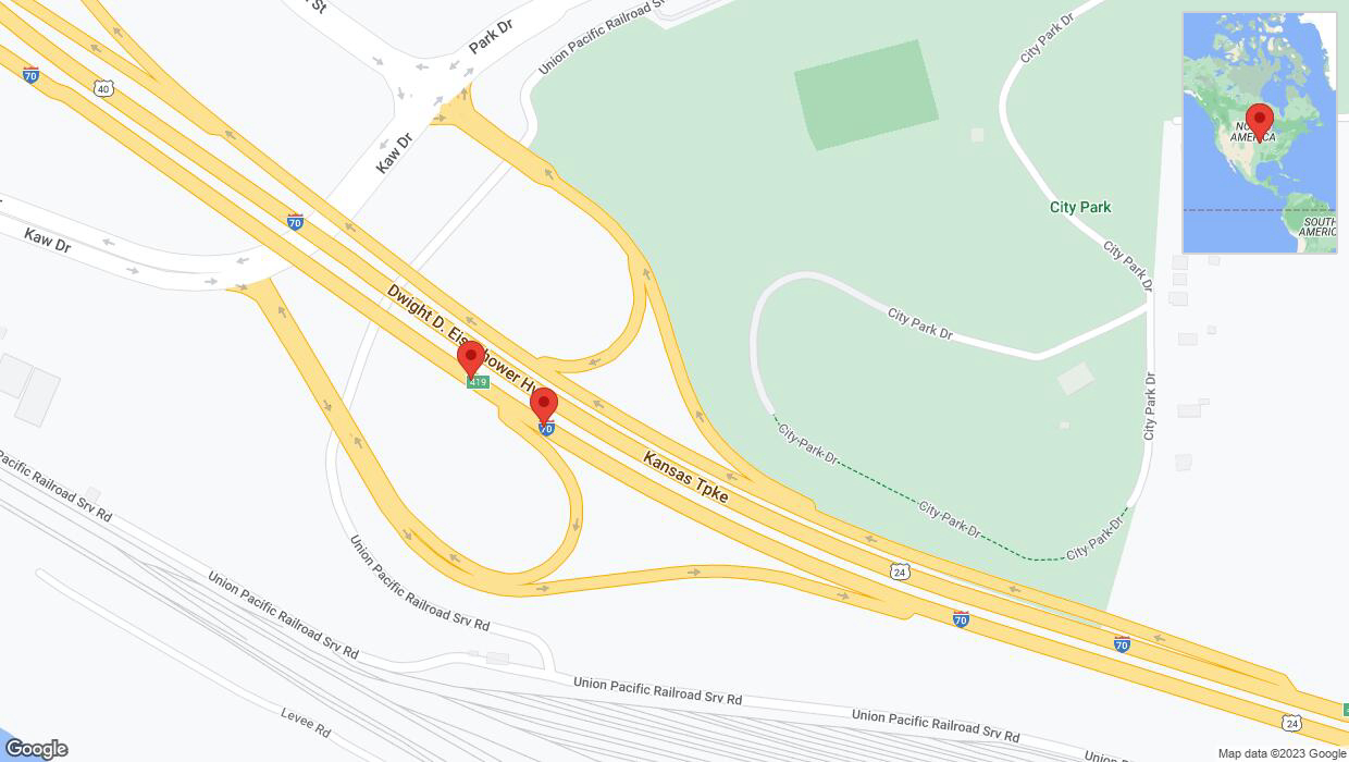 A detailed map that shows the affected road due to 'Broken down vehicle on eastbound I-70 in Kansas City' on December 30th at 1:31 p.m.