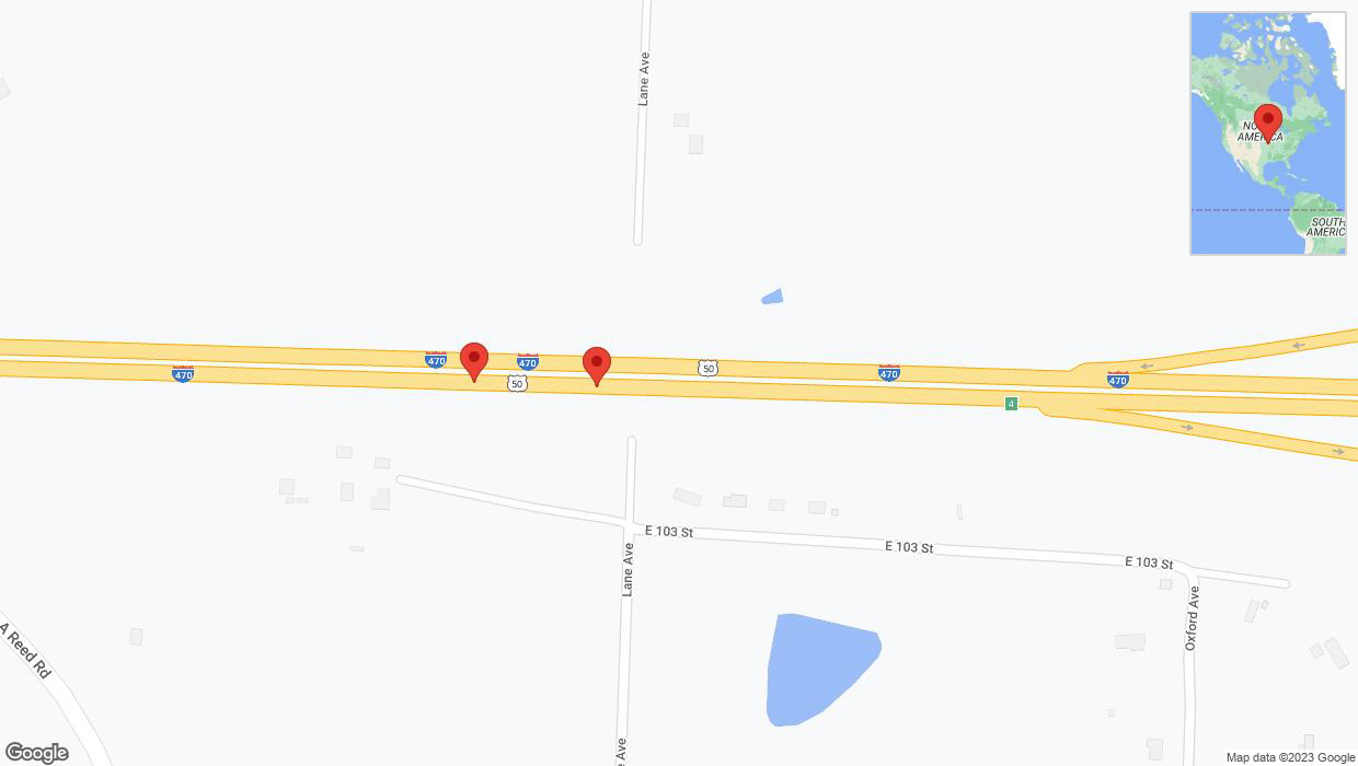 A detailed map that shows the affected road due to 'Broken down vehicle on eastbound I-470 in Kansas City' on December 30th at 4:33 p.m.