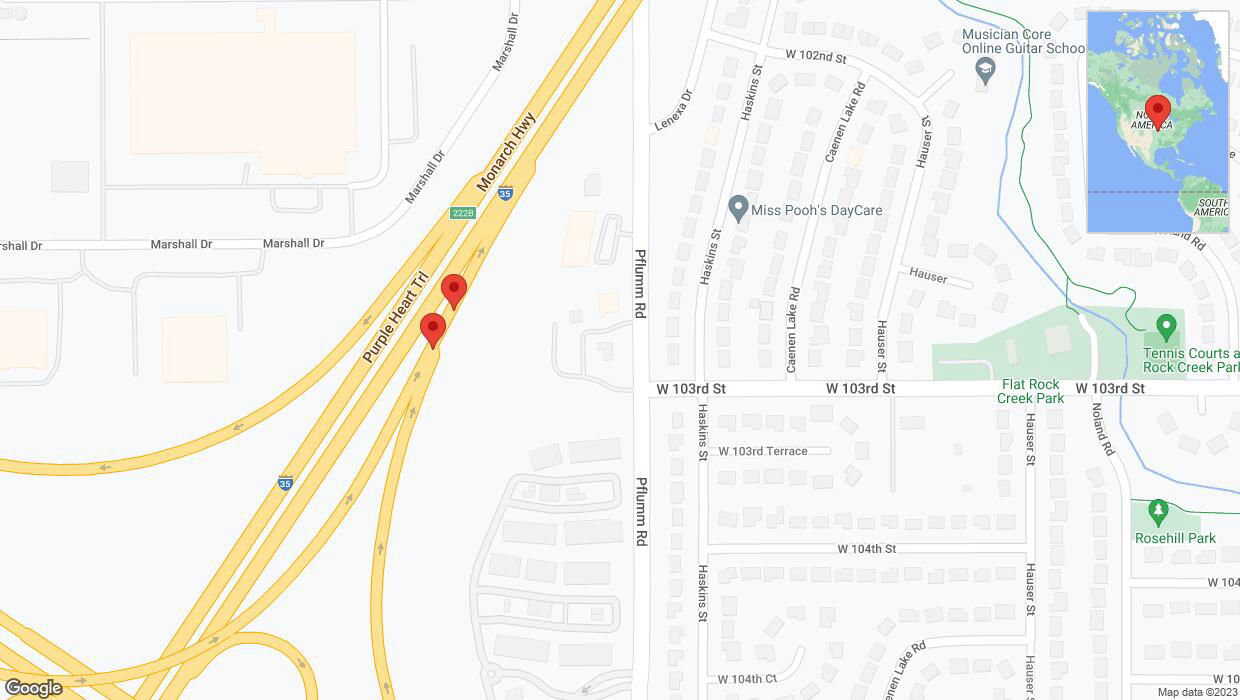A detailed map that shows the affected road due to 'Broken down vehicle on the Monarch Highway in Lenexa' on December 30th at 9:32 p.m.