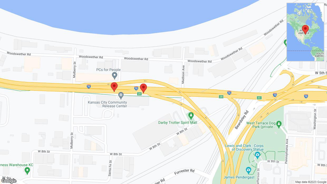 A detailed map that shows the affected road due to 'Broken down vehicle on eastbound I-70 in Kansas City' on December 31st at 5:21 p.m.