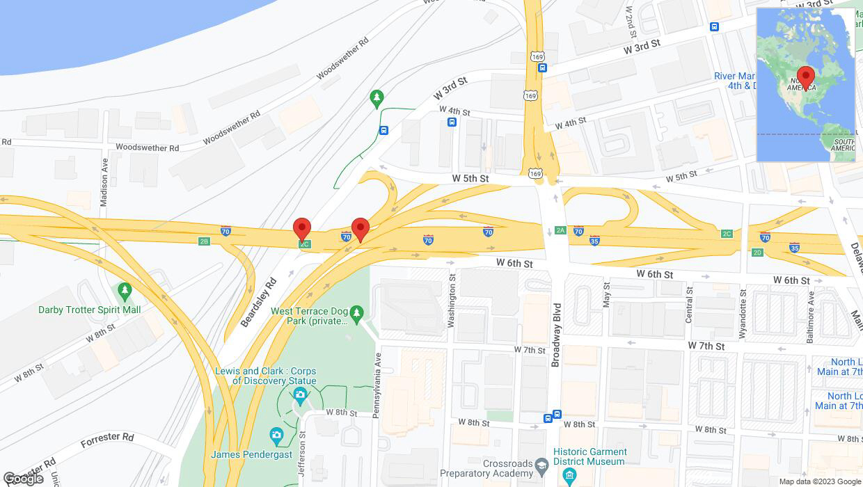 A detailed map that shows the affected road due to 'Broken down vehicle on eastbound I-70 in Kansas City' on December 31st at 7:51 p.m.