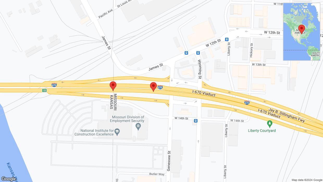 A detailed map that shows the affected road due to 'Broken down vehicle on eastbound I-670 in Kansas City' on December 31st at 6:27 p.m.