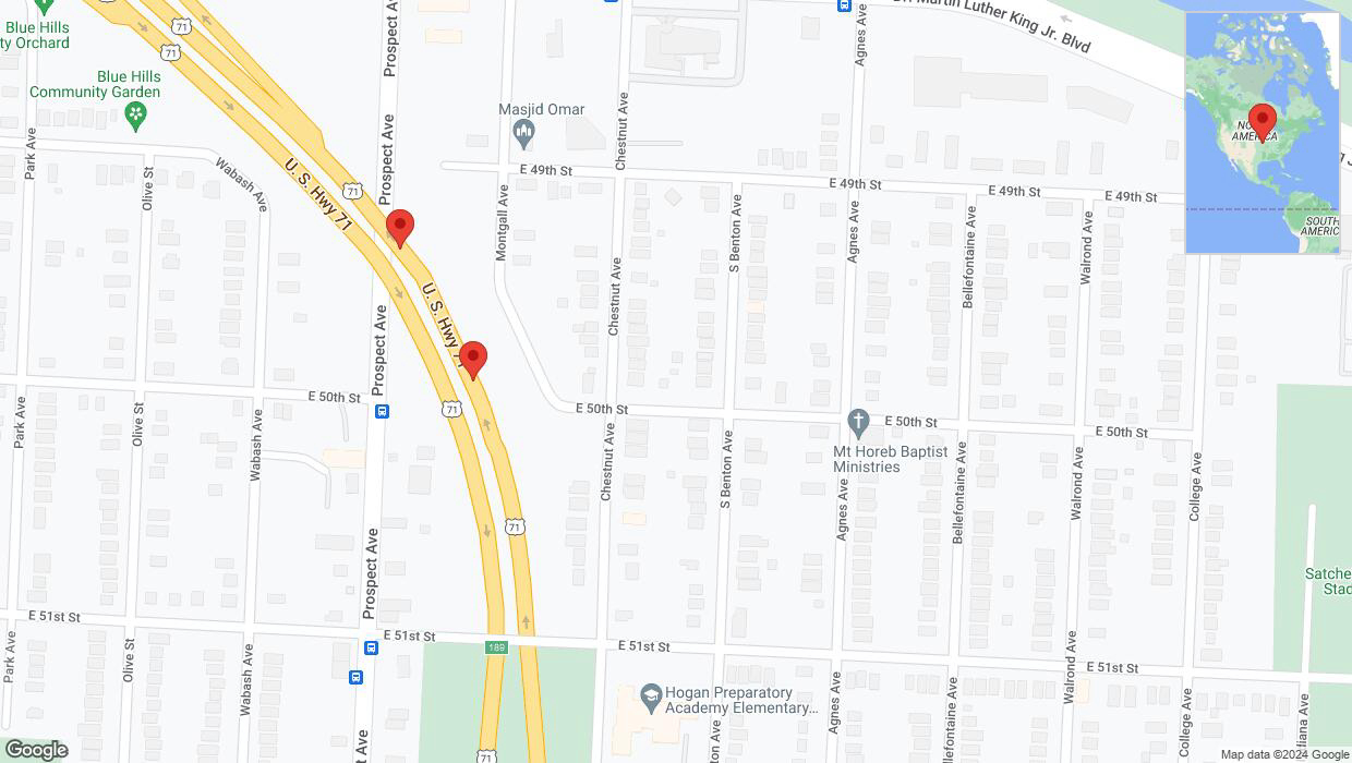 A detailed map that shows the affected road due to 'Broken down vehicle on northbound the Bruce R Watkins Expressway/US-71 in Kansas City' on December 31st at 7:39 p.m.