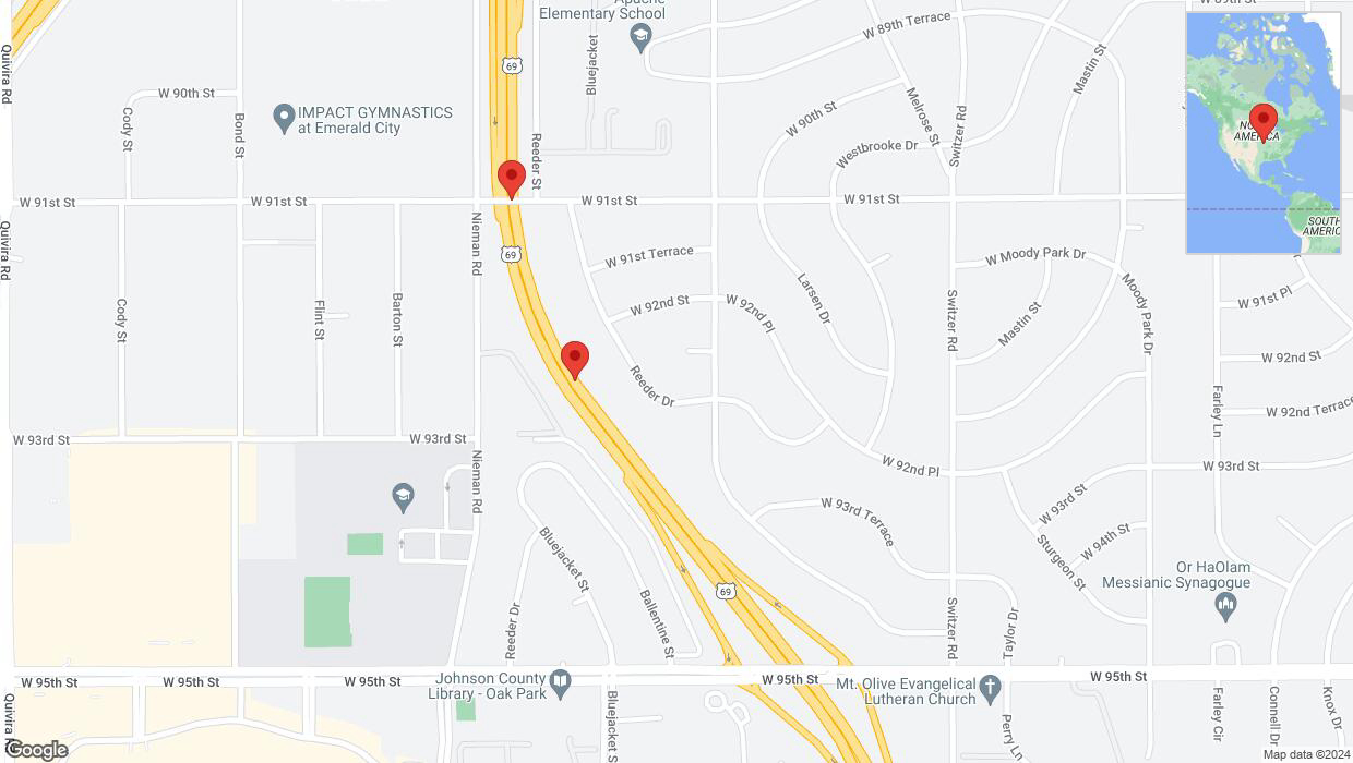 A detailed map that shows the affected road due to 'Broken down vehicle on northbound US-69 in Overland Park' on January 1st at 1:19 p.m.