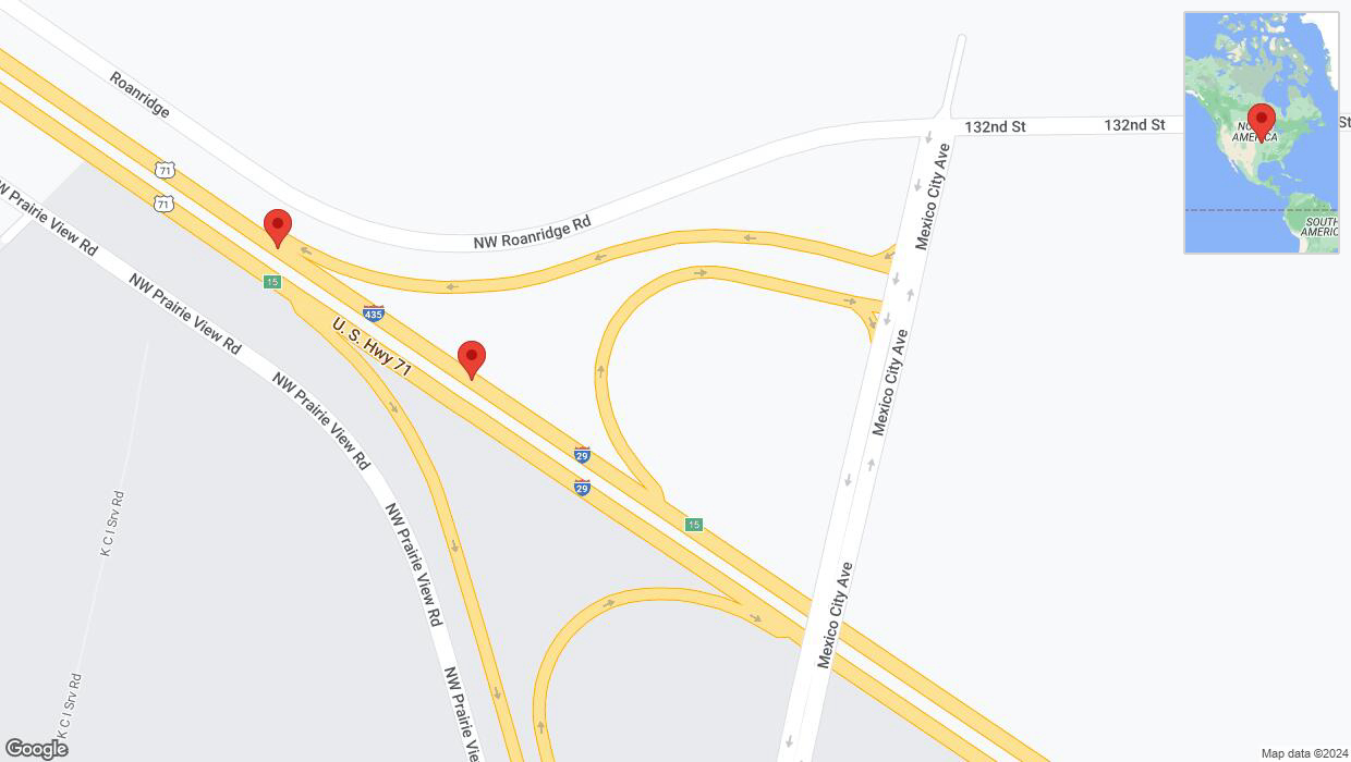 A detailed map that shows the affected road due to 'Broken down vehicle on northbound I-435/I-29 in Platte City' on January 1st at 12:39 p.m.