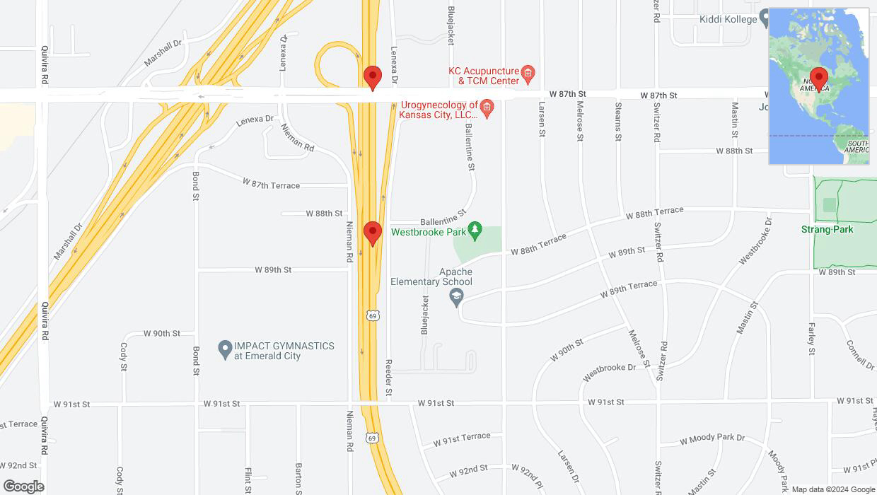 A detailed map that shows the affected road due to 'Broken down vehicle on northbound US-69 in Overland Park' on January 1st at 5:13 p.m.