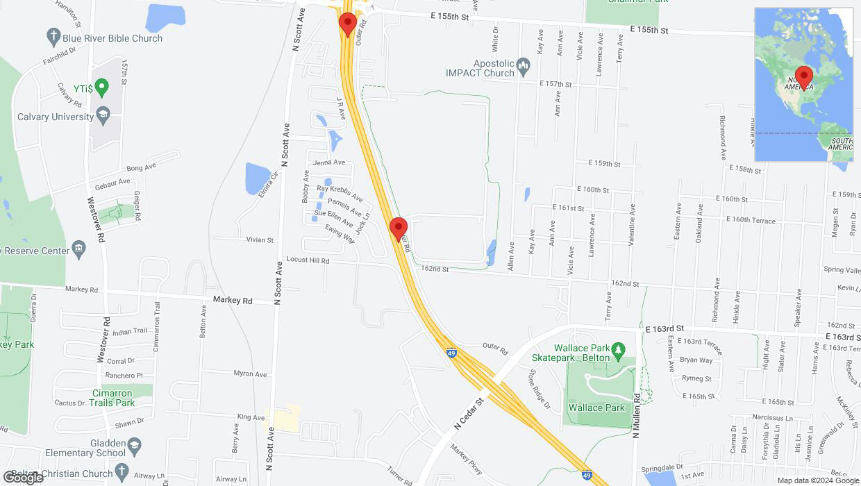 A detailed map that shows the affected road due to 'Crash reported on northbound I-40/US-71 in Belton' on January 1st at 2:25 p.m.