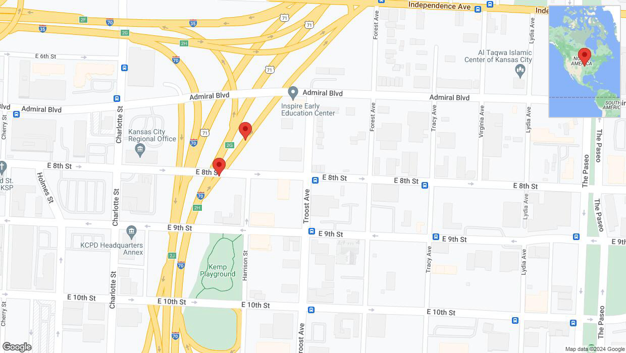 A detailed map that shows the affected road due to 'Broken down vehicle on East 9th Street in Kansas City' on January 1st at 6:01 p.m.