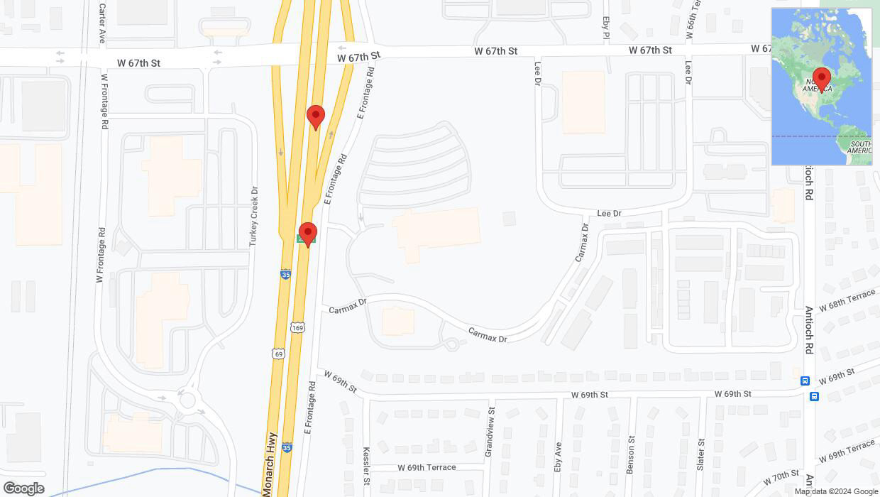 A detailed map that shows the affected road due to 'Broken down vehicle on eastbound I-35 in Merriam' on January 2nd at 11:57 a.m.