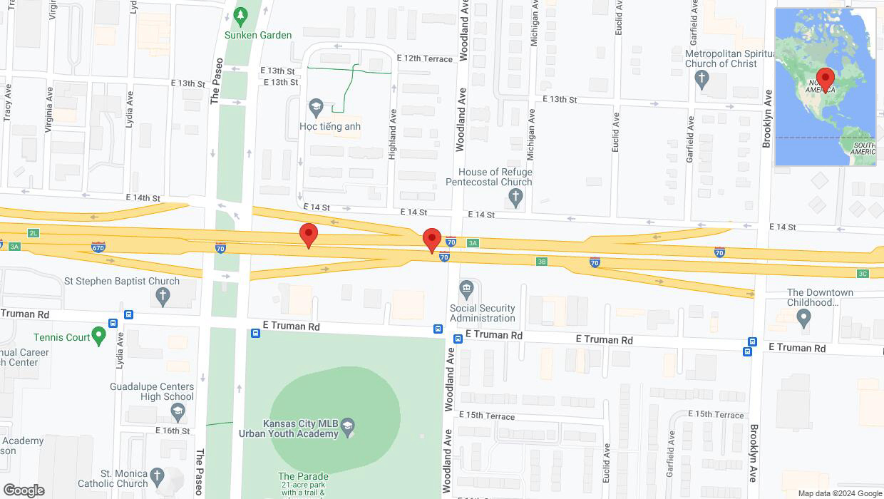 A detailed map that shows the affected road due to 'Broken down vehicle on eastbound I-70 in Kansas City' on January 2nd at 2:10 p.m.