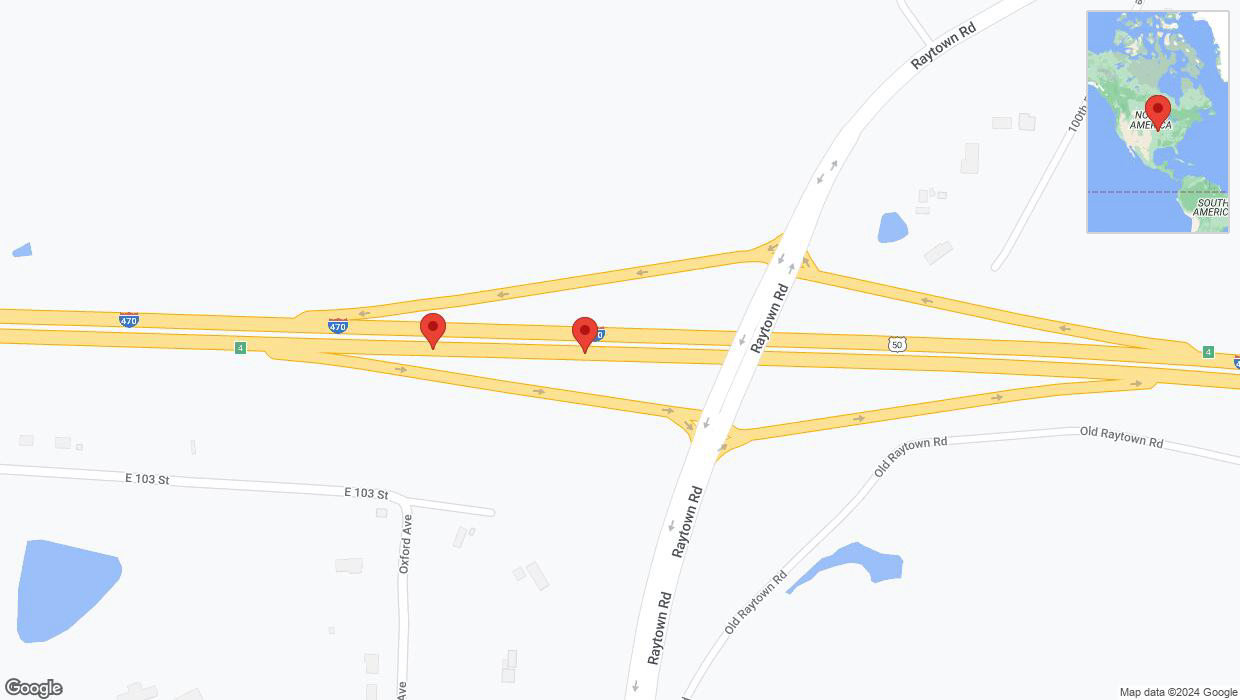 A detailed map that shows the affected road due to 'Broken down vehicle on eastbound I-470 in Kansas City' on January 2nd at 6:49 p.m.