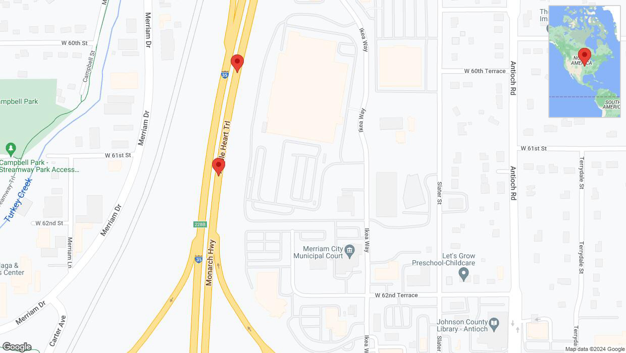 A detailed map that shows the affected road due to 'Broken down vehicle on northbound I-35 in Merriam' on January 2nd at 6:27 p.m.