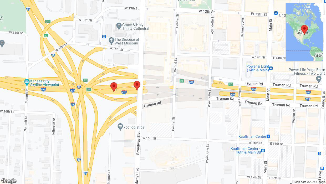 A detailed map that shows the affected road due to 'Broken down vehicle on eastbound I-670 in Kansas City' on January 2nd at 6:49 p.m.