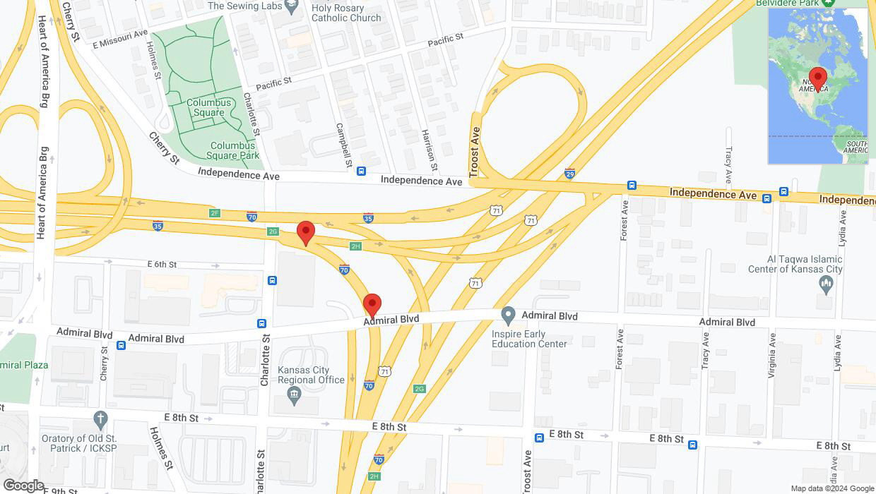 A detailed map that shows the affected road due to 'Broken down vehicle on eastbound I-70 in Kansas City' on January 2nd at 6:56 p.m.